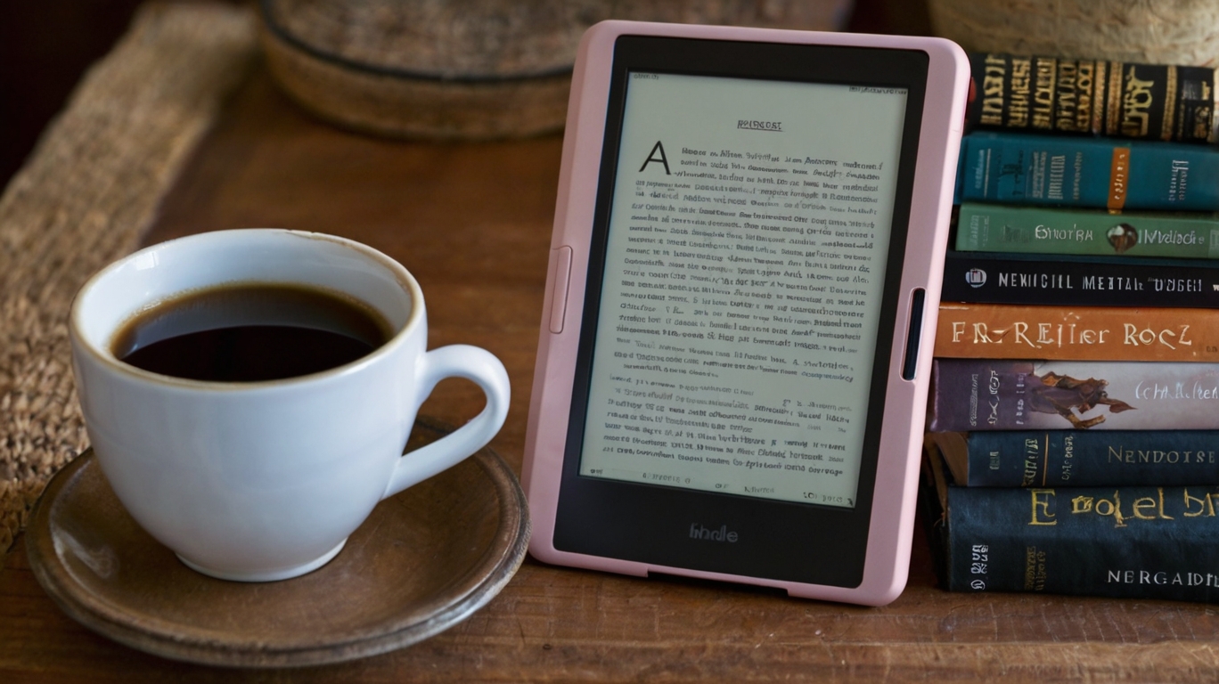 Kindle device displaying discounted top e-books in various genres including AI, mental health, and financial independence.