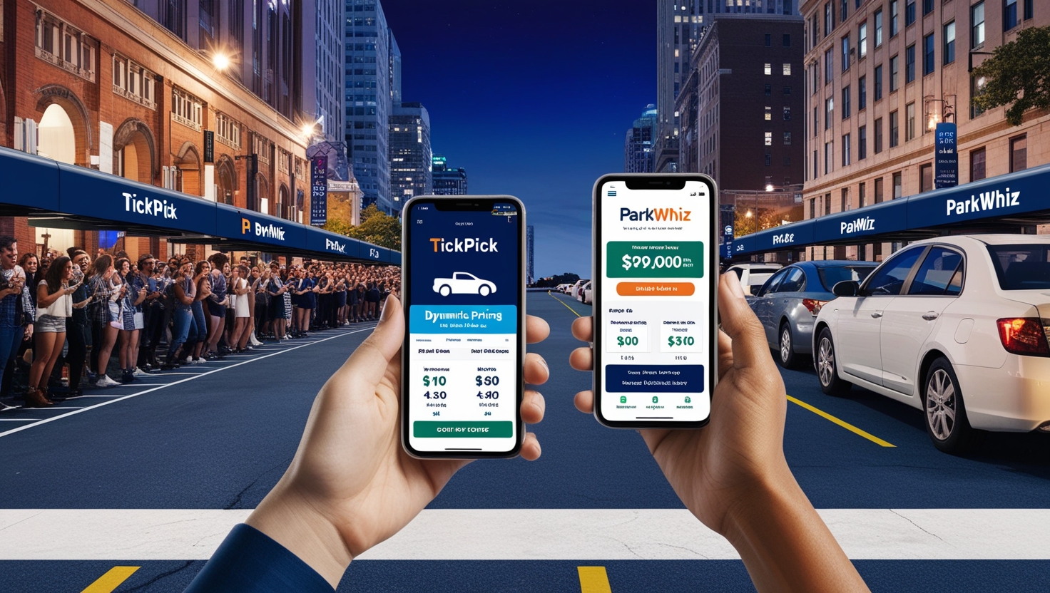 People using smartphones to book tickets and parking through TickPick and ParkWhiz, enjoying discounts and dynamic pricing
